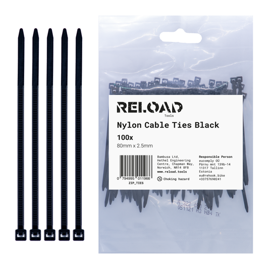 Reload Cable Ties 80mm x 2.5mm Black Nylon Plastic Zip Tie Wraps Small Size Ties - Pack of 100